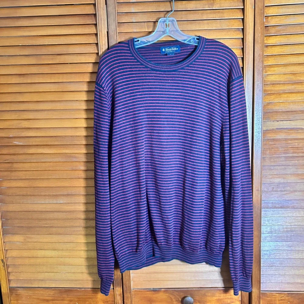 Brooks Brothers Mens XL Navy Blue Red Striped Cotton Crewneck Sweater